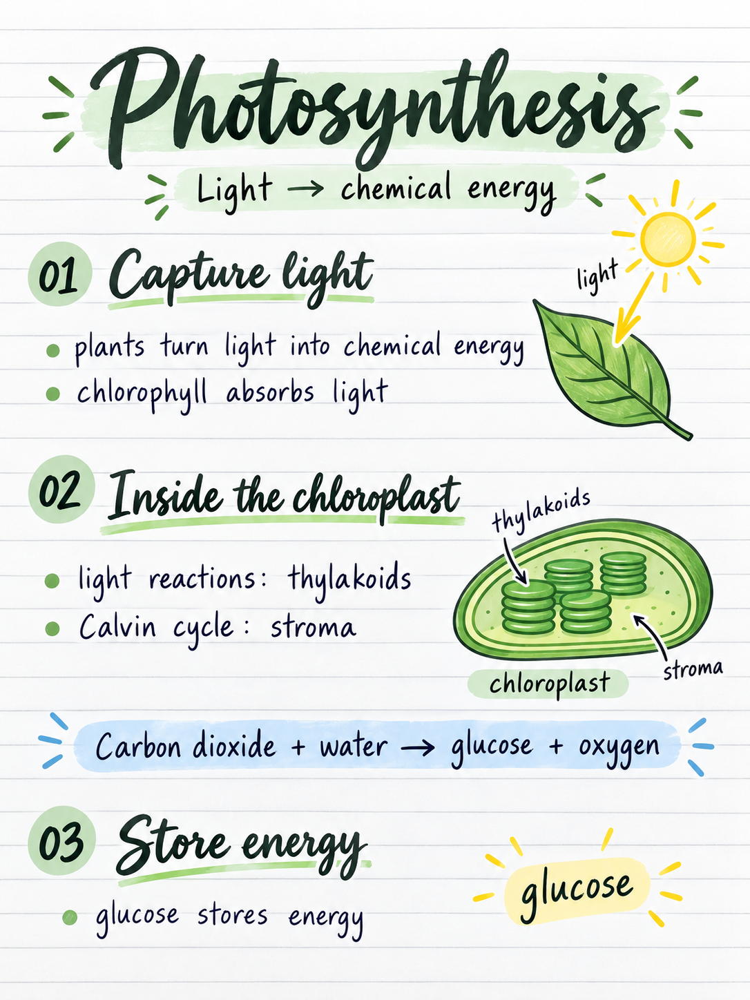 The same photosynthesis ideas arranged into illustrated study notes